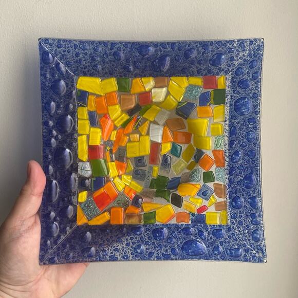 Square Fused Bubble Glass Cobalt Blue Multicolored Dish Tray 8” Art Glass Plate - Picture 7 of 7